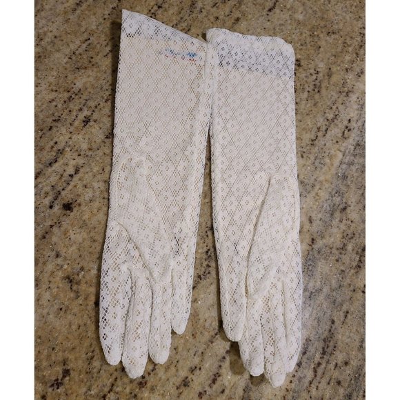 New! Vtg One Size White Lace Stretch Nylon Floral Formal Gloves 12" Long Japan - Picture 6 of 12